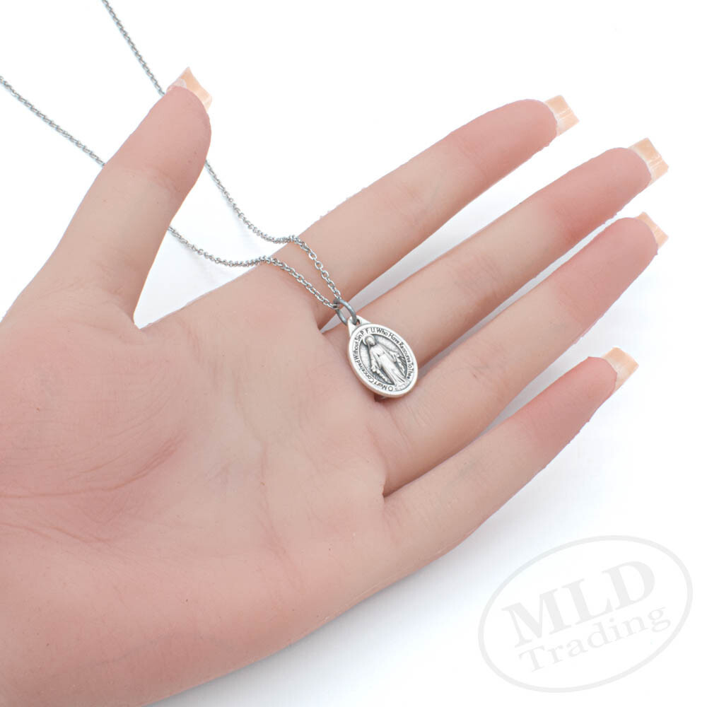 Miraculous Medal Pendant Necklace – 3/4″ Mini Oval, Silver Zinc Alloy, 18″ Chain