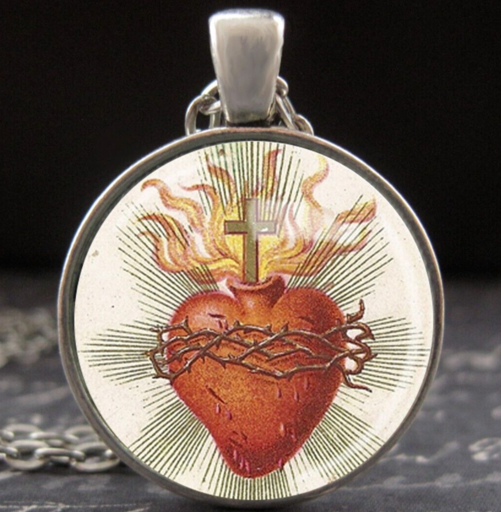 Sacred Heart of Jesus Medal Necklace Vintage Art Glass Charm Catholic Jewelry