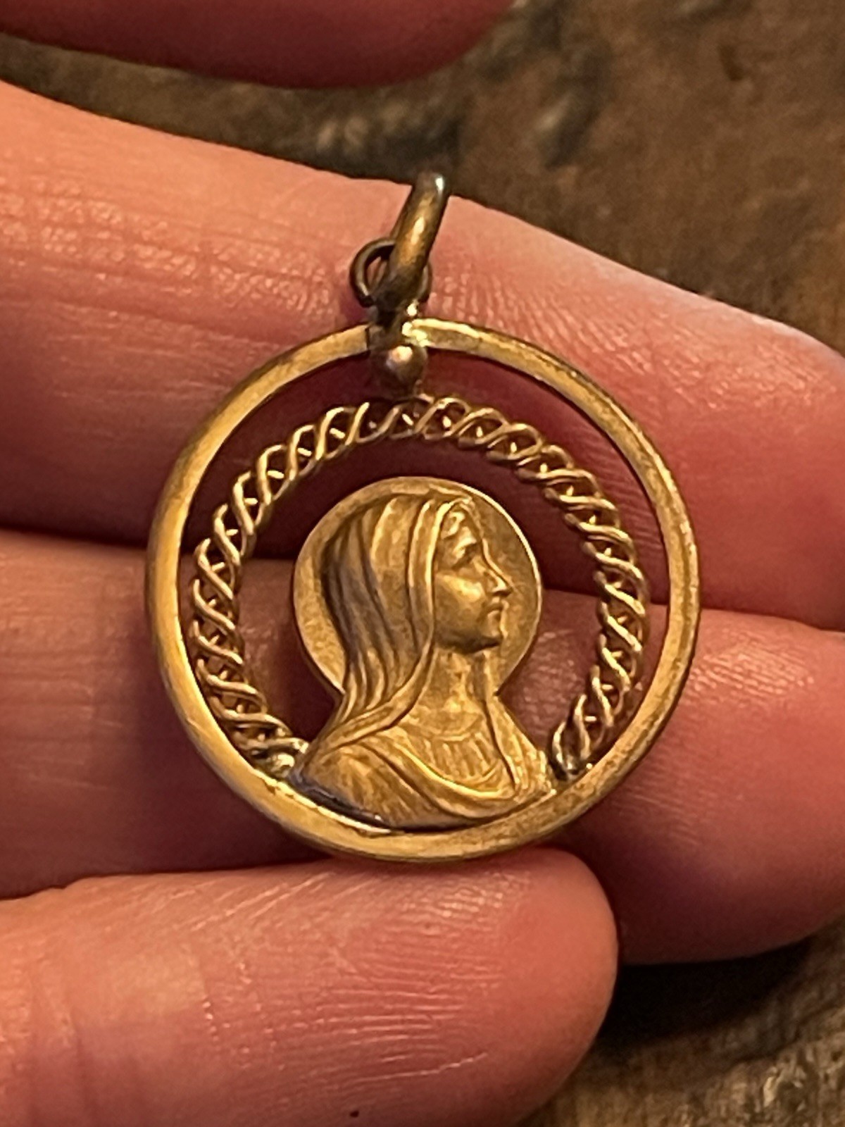 French medal Virgin Mary Retro Pendant 1” Antique Lourdes Brass Gold Unique