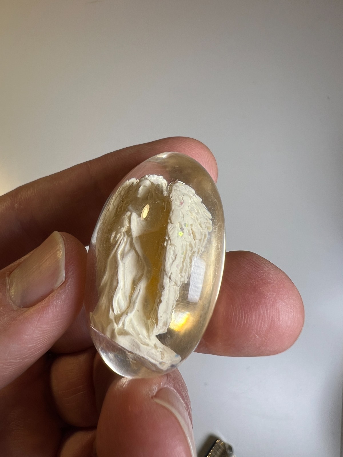Antique Vintage 1950s Chalkware Angel Encased Lucite Devotional Pocket Charm