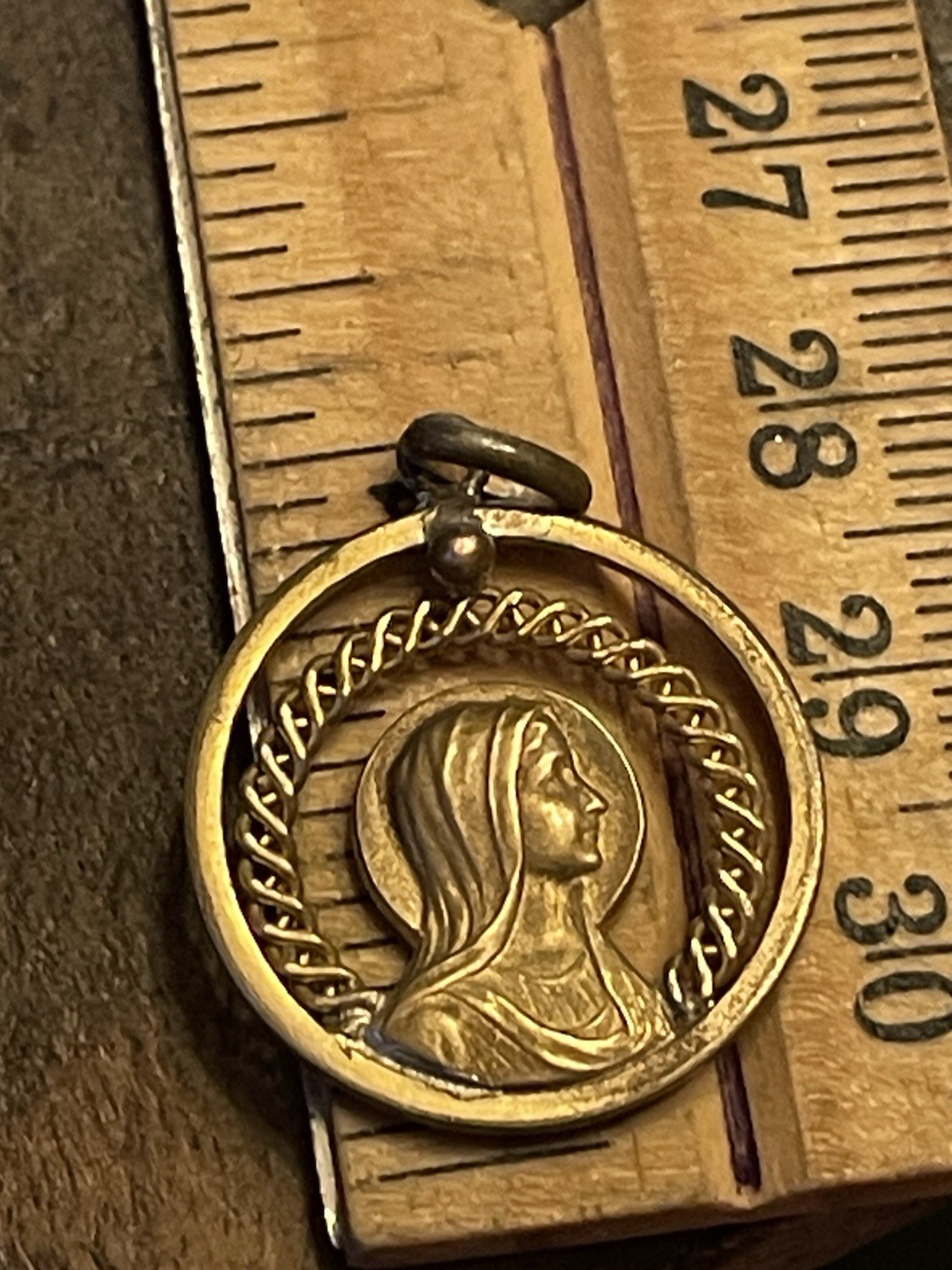 French medal Virgin Mary Retro Pendant 1” Antique Lourdes Brass Gold Unique