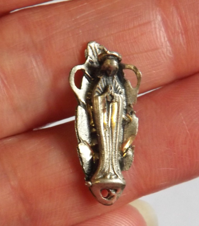 Sterling silver ornate figure Praying Virgin Mary rosary centerpiece medal