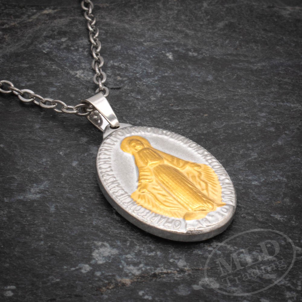 Silver & Gold Miraculous Medal Necklace – Stainless Steel Pendant 18″+2″ Chain