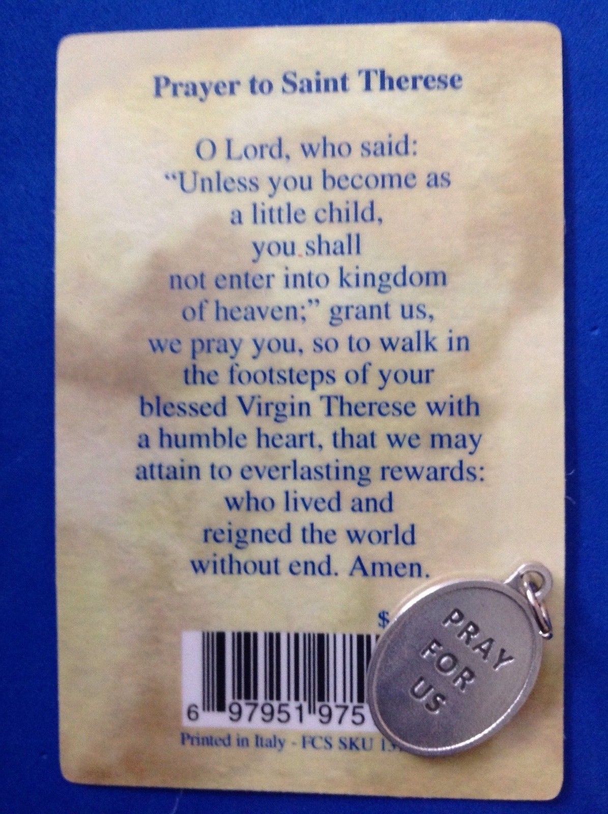 St THERESE of Lisieux Saint Medal with Relic Holy Card Medal Enamel 1″ Italy