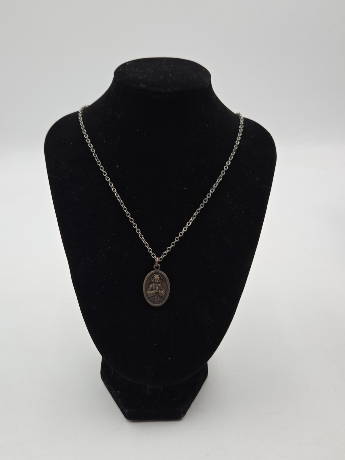 Vintage Religious Medal Necklace Silver Tone Double Sided Catholic Pendant
