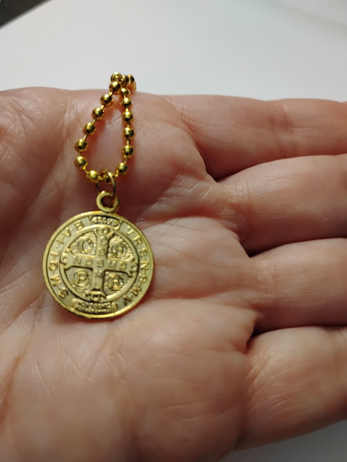 Gold St Benedict Medal Italy Necklace 24″ gold ball chain + prayer card