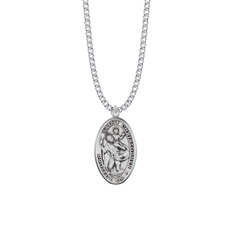 Large Antiqued Sterling Silver Saint Christopher Medal Vintage Style Necklace
