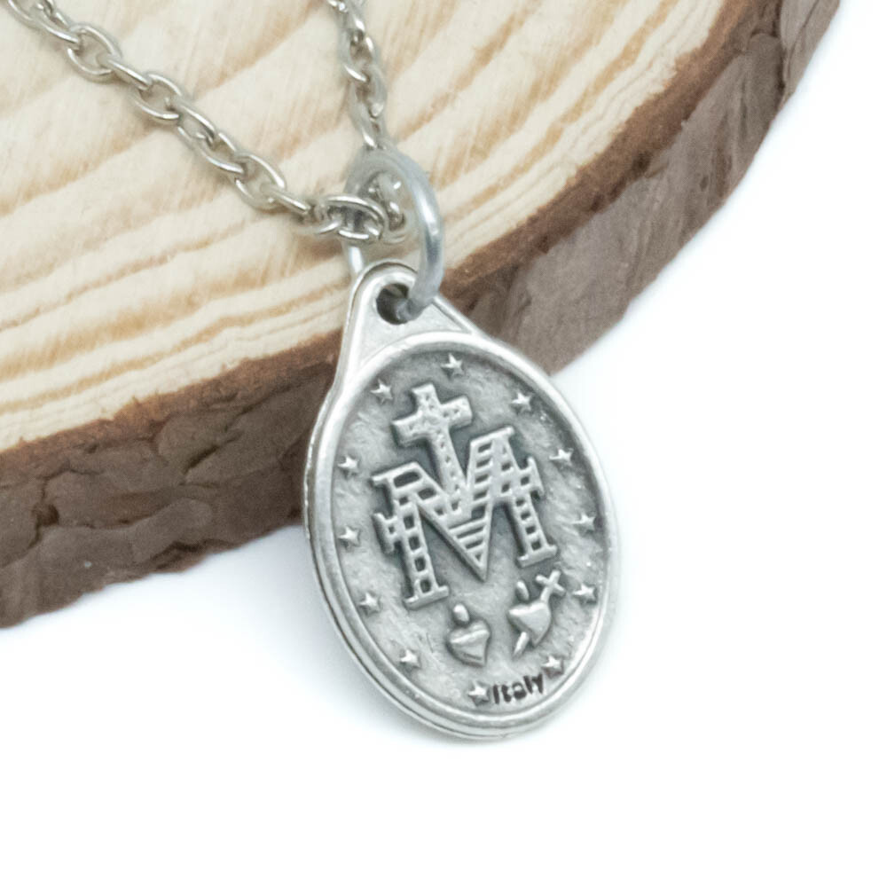 Small 3/4″ Miraculous Medal Virgin Mary Pendant Necklace Italy w 24″ Link Chain