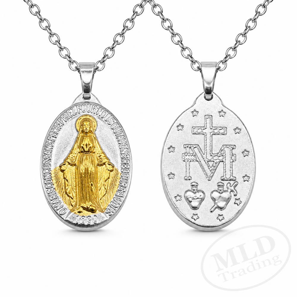 Silver & Gold Miraculous Medal Necklace – Stainless Steel Pendant 18″+2″ Chain