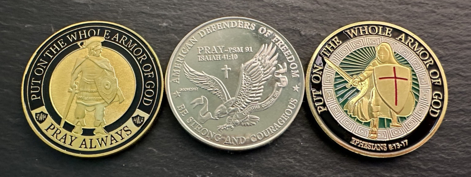 3 CHRISTIAN CHALLENGE COINS: PRAY PSM 91 ISAIAH 14:10, 2 ARMOR OF GOD I370