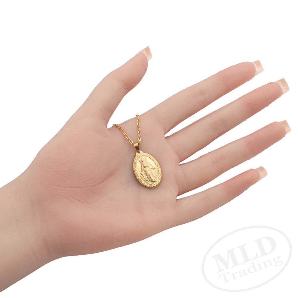 Gold Miraculous Medal Necklace – Stainless Steel Catholic Pendant 18″+2″ Chain