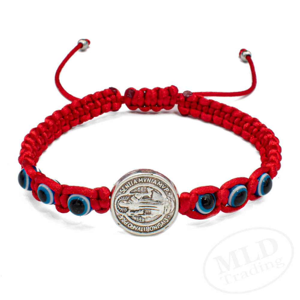 Silver Saint St Benedict Medal Red Bracelet w Blue Evil Eye Protection Beads