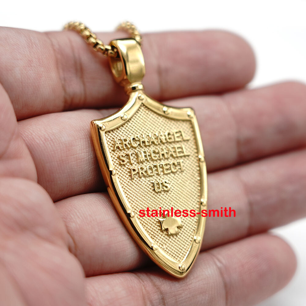 Gold St Saint Michael Archangel Medal Medallion Pendant Necklace Stainless Steel