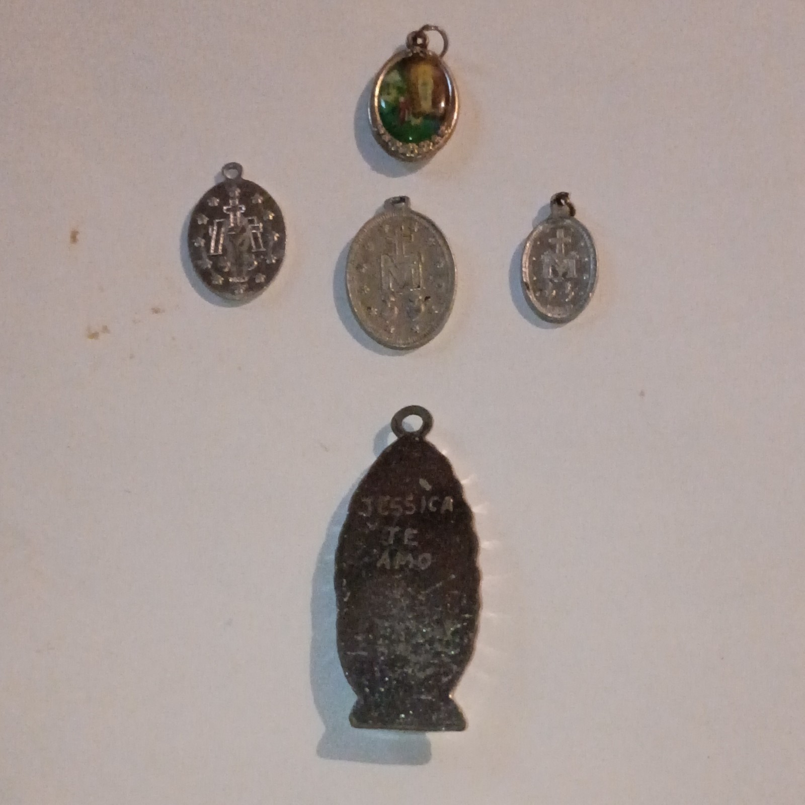 Lot of 5 Christian Religious Medals Virgin Mary Saint Silver Tone Pink Inscribed