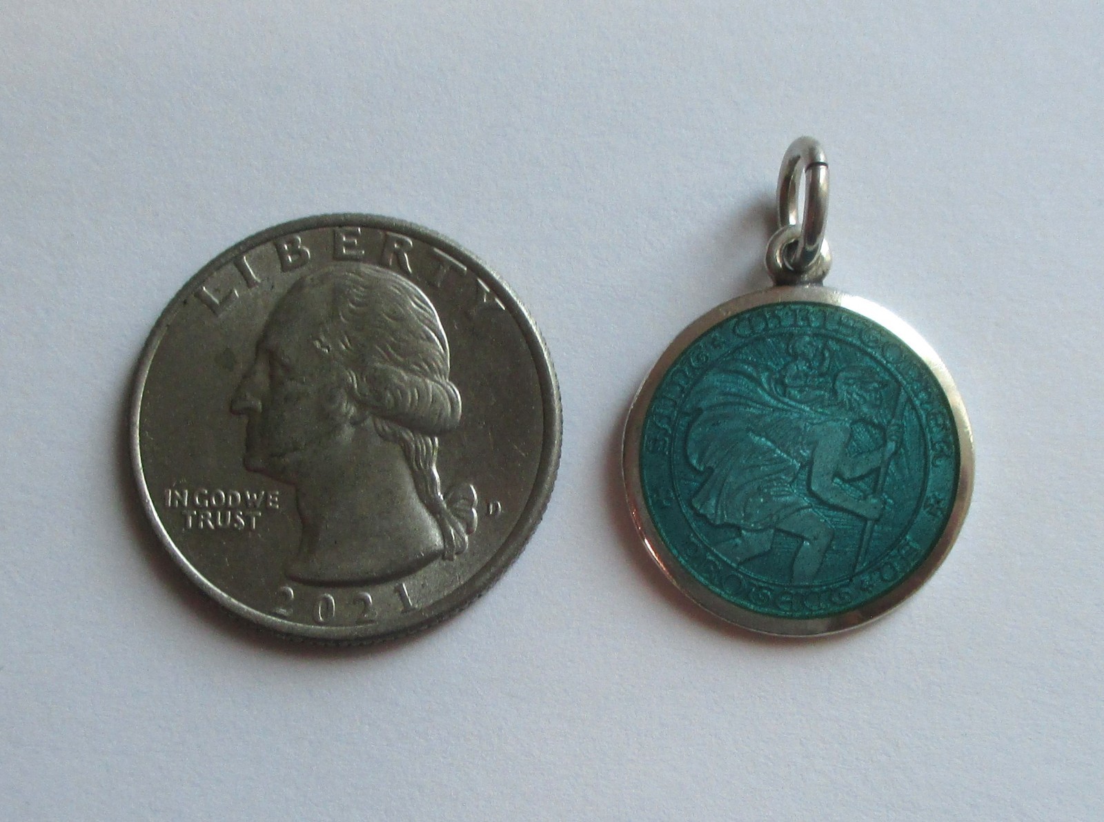7/8in STERLING SILVER BLUE ENAMEL SAINT CHRISTOPHER MEDAL PENDANT Engraved Dated