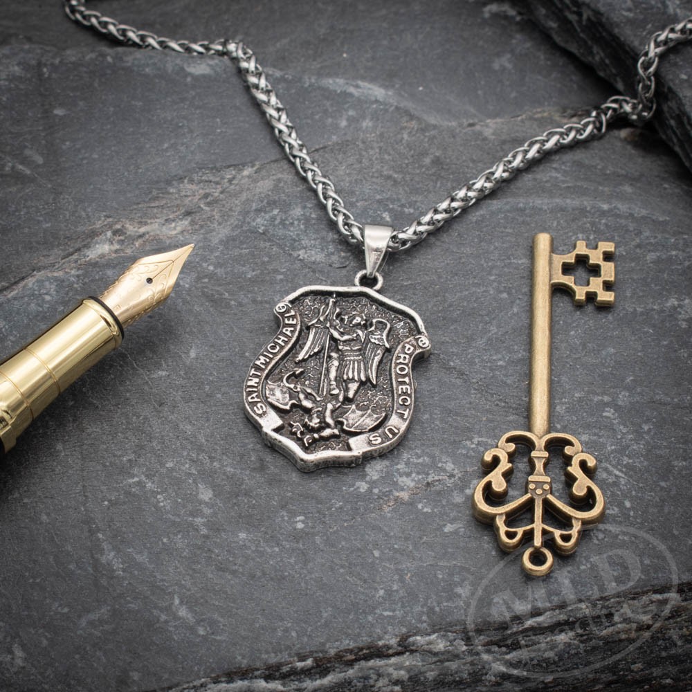 Archangel Saint St Michael Protect Us Medal Shield Pendant Necklace w 20″ Chain