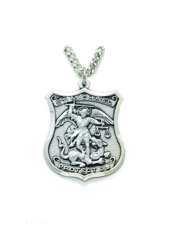 Men’s Antiqued Sterling Silver Saint Michael The Archangel Shield Medal Necklace