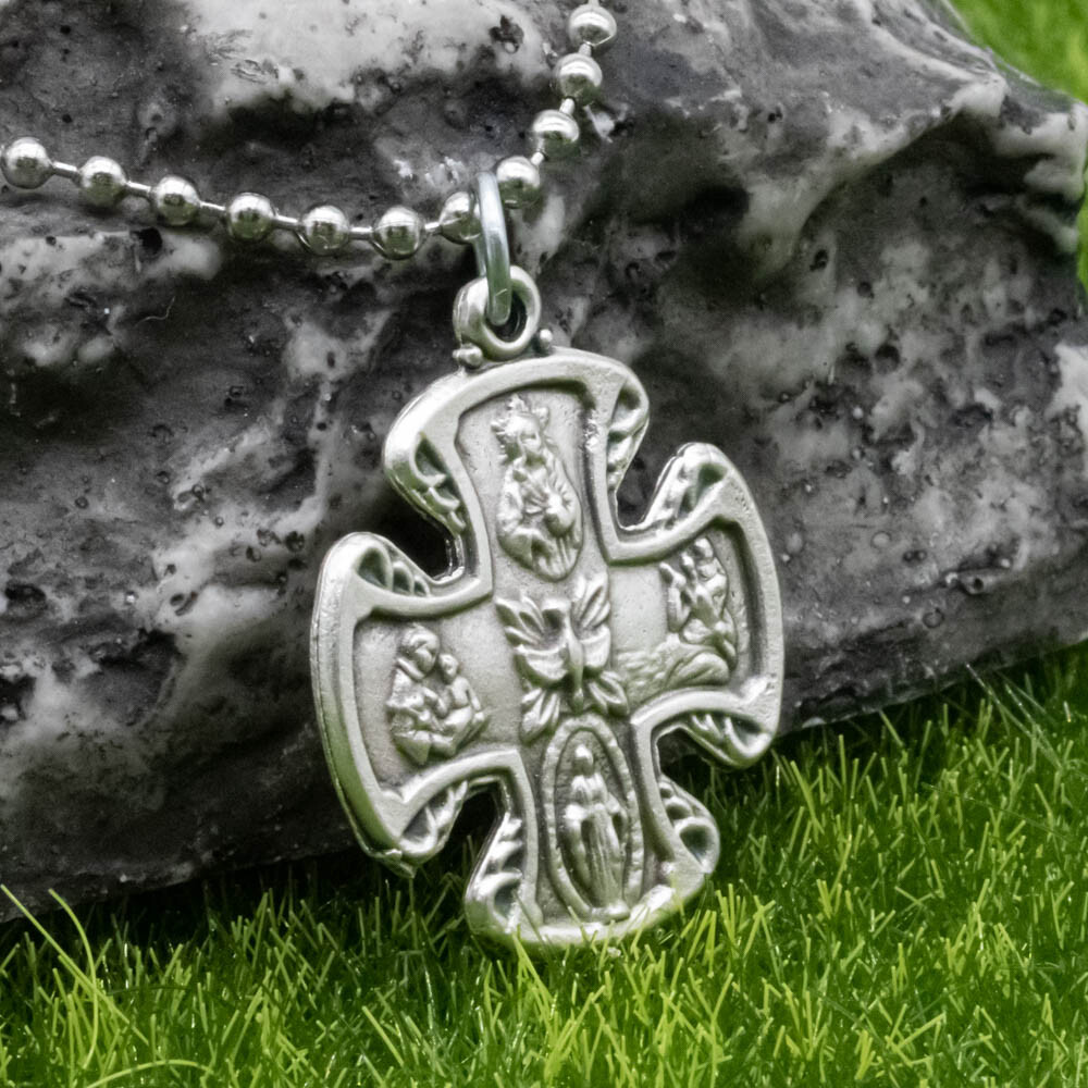 Four Way Catholic Cross Jesus 4-Way Medal Pendant Necklace Pewter Made In Italy