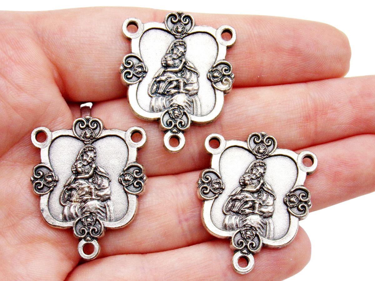 Silver Tone Lot of 3 Madonna and Child Scrollwork Border Rosary Center 1.25 In