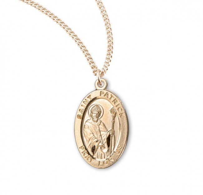 St. Patrick 16kt Gold over Sterling Oval 0.9″ Medal, Gift Box, 20″ Ch, US Made