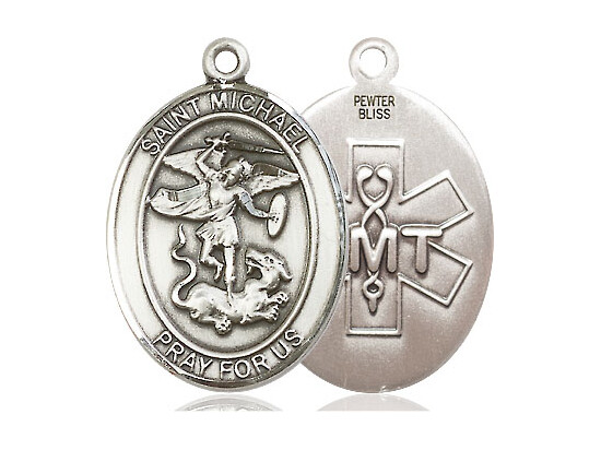 Pewter Saint Michael EMT Holy Military Medal Pendant Necklace 18″ Chain GiftBox