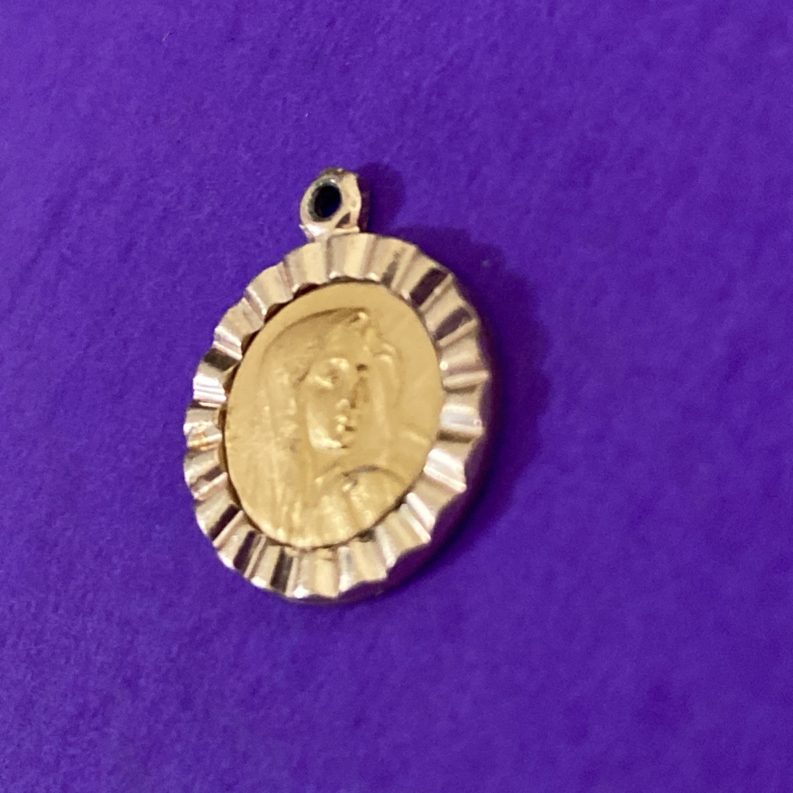 Vintage Virgin Mary Metal Charm Pendant , Gold-Toned, Roma, Christianity, 1/2”