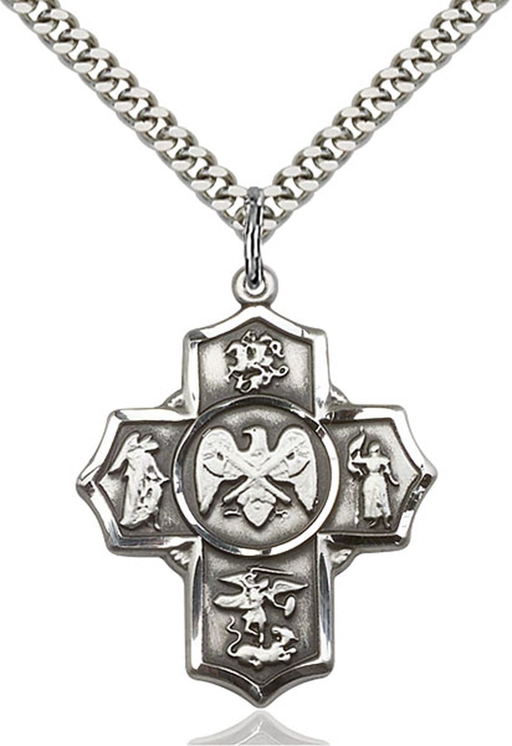 Sterling Silver Five 5 way National Guard Christian Medal Necklace 24″Chain