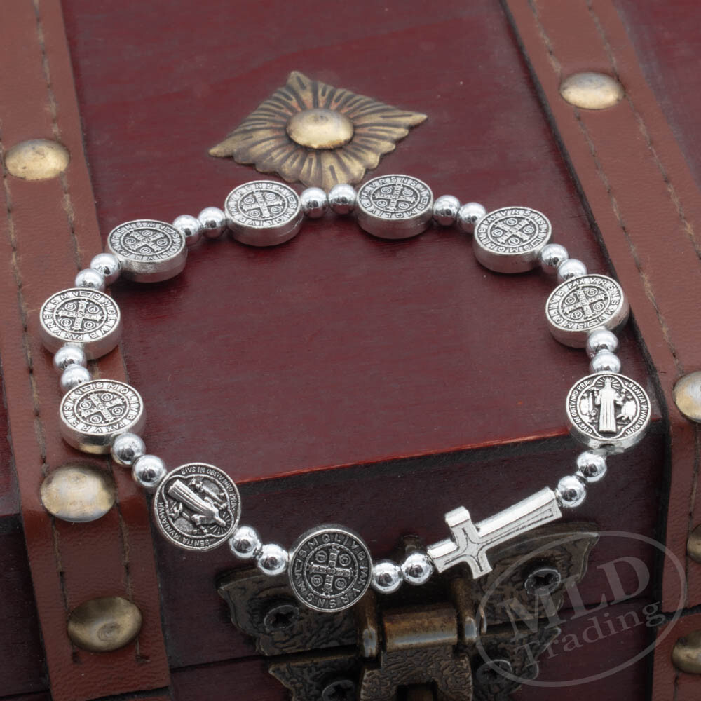 Silver Saint St Benedict Medal Cross Rosary Bracelet Pulsera De San Benito