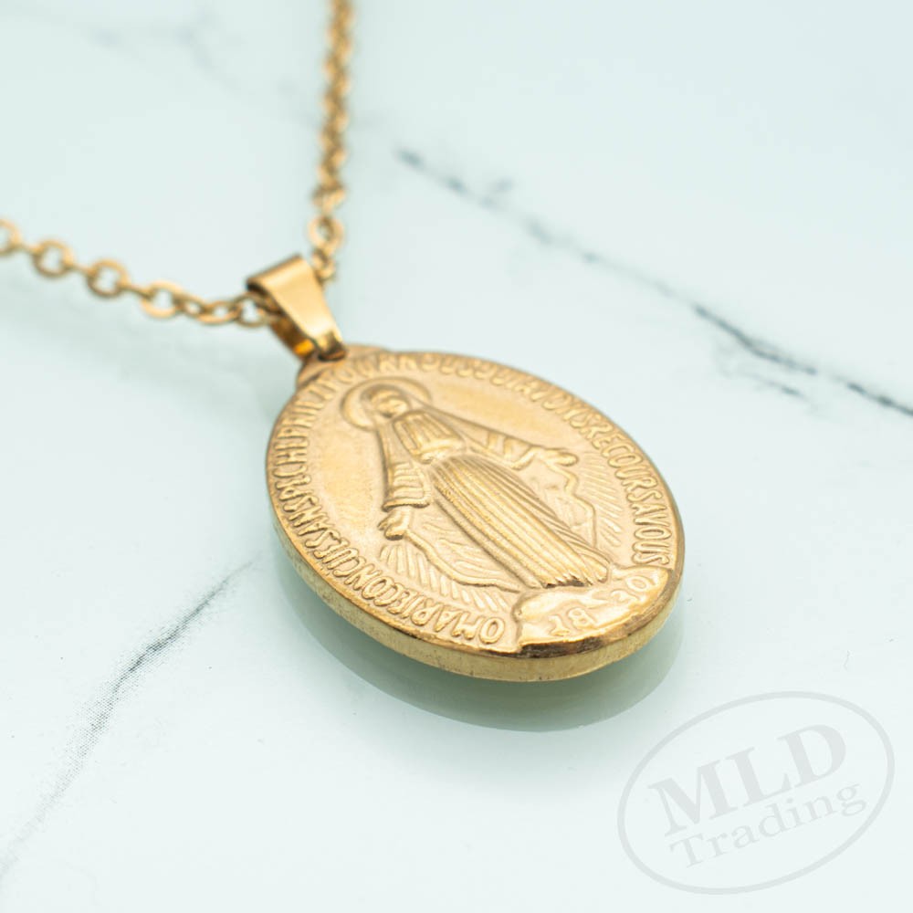 Gold Miraculous Medal Necklace – Stainless Steel Catholic Pendant 18″+2″ Chain