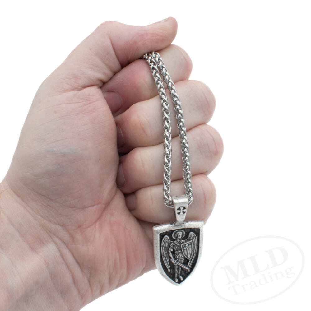 Saint St Michael Shield Medal Pendant Necklace, Silver Zinc Alloy, 24″ Chain