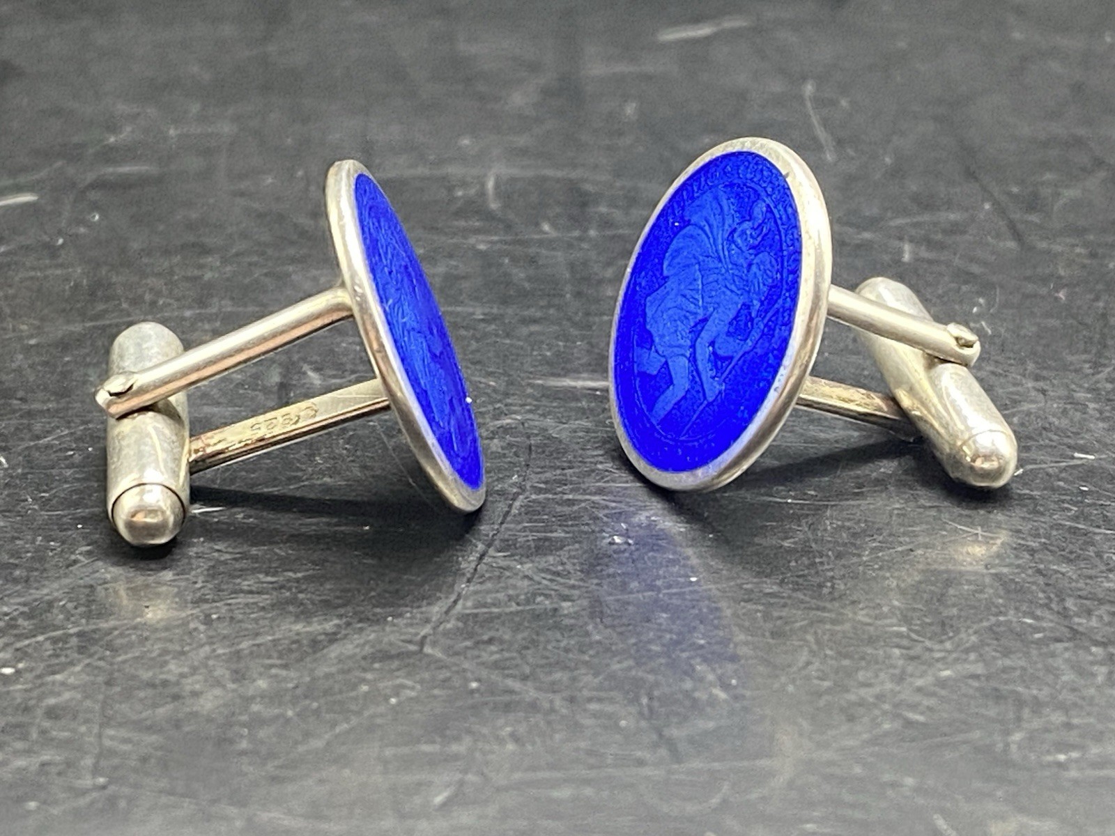 VINTAGE STERLING SILVER BLUE GUILLOCHE ENAMEL SAINT CHRISTOPHER MEDAL Cufflinks