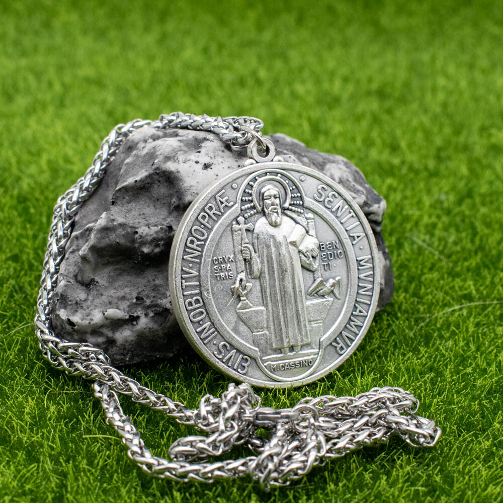 Extra Large 2″ Saint St Benedict Medal Italy Pendant Necklace w 24″ Spiga Chain