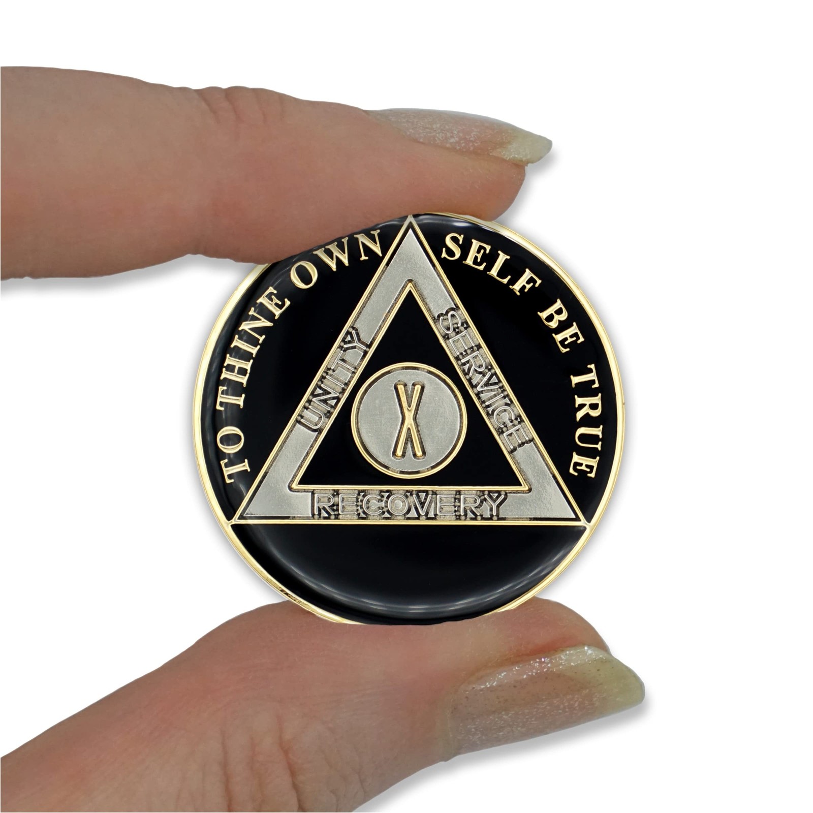 10 Year Sobriety Coin | Triplate AA Chip Recovery Anniversary Token (Black)