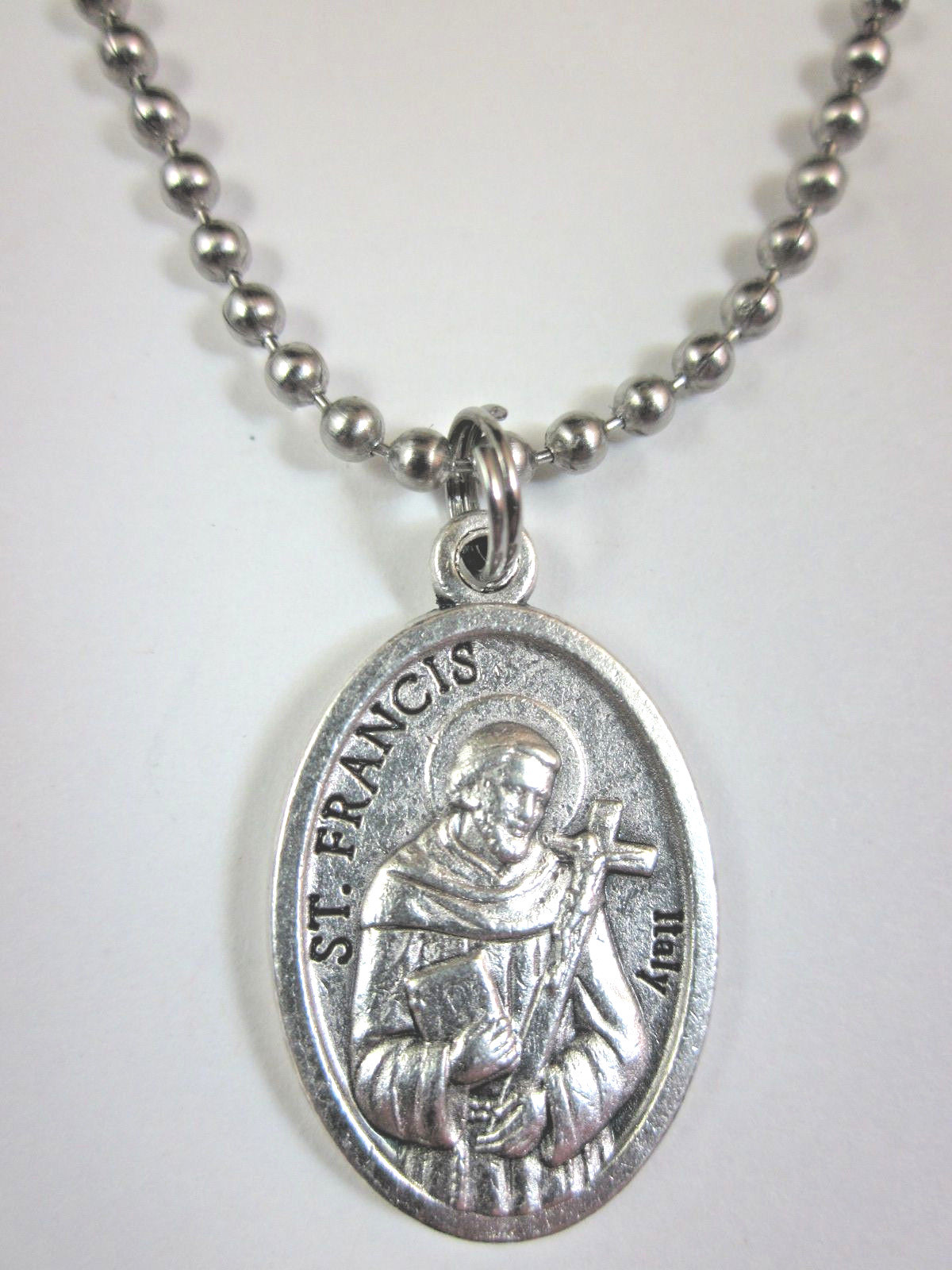 St Anthony /St Francis Medal Italy Necklace 24″ Ball Chain Gift Box &Prayer Card