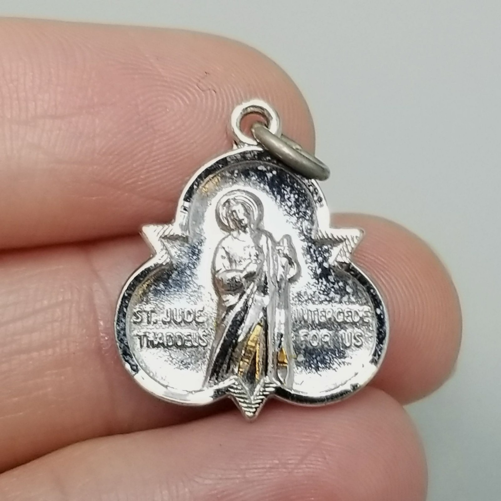 Vintage Saint St Jude Thaddeus Intercede For Us Medal Pendant Charm Silver Tone