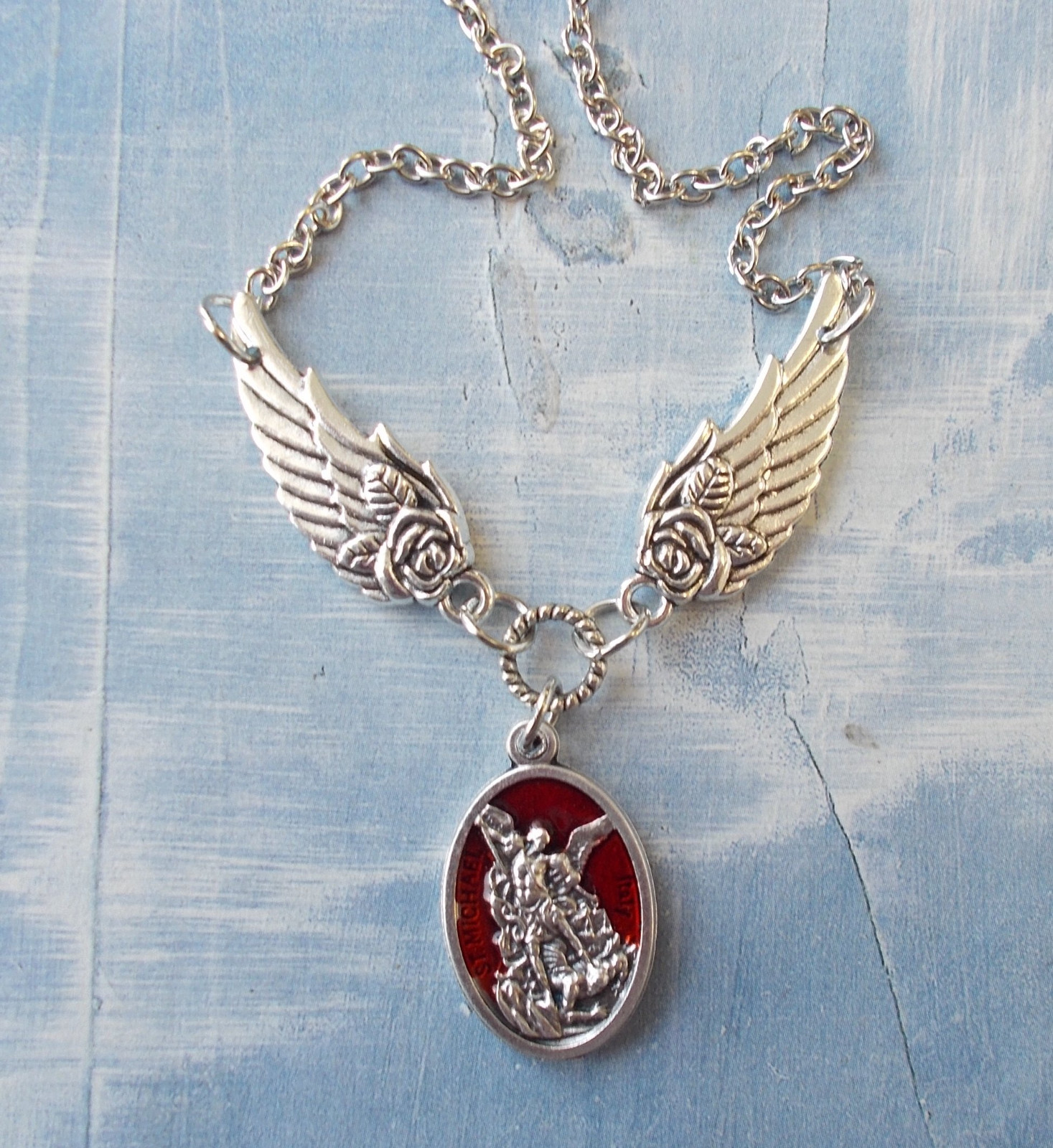 St. Saint MICHAEL Archangel Medal NECKLACE Pendant Angel Double Wing Protection