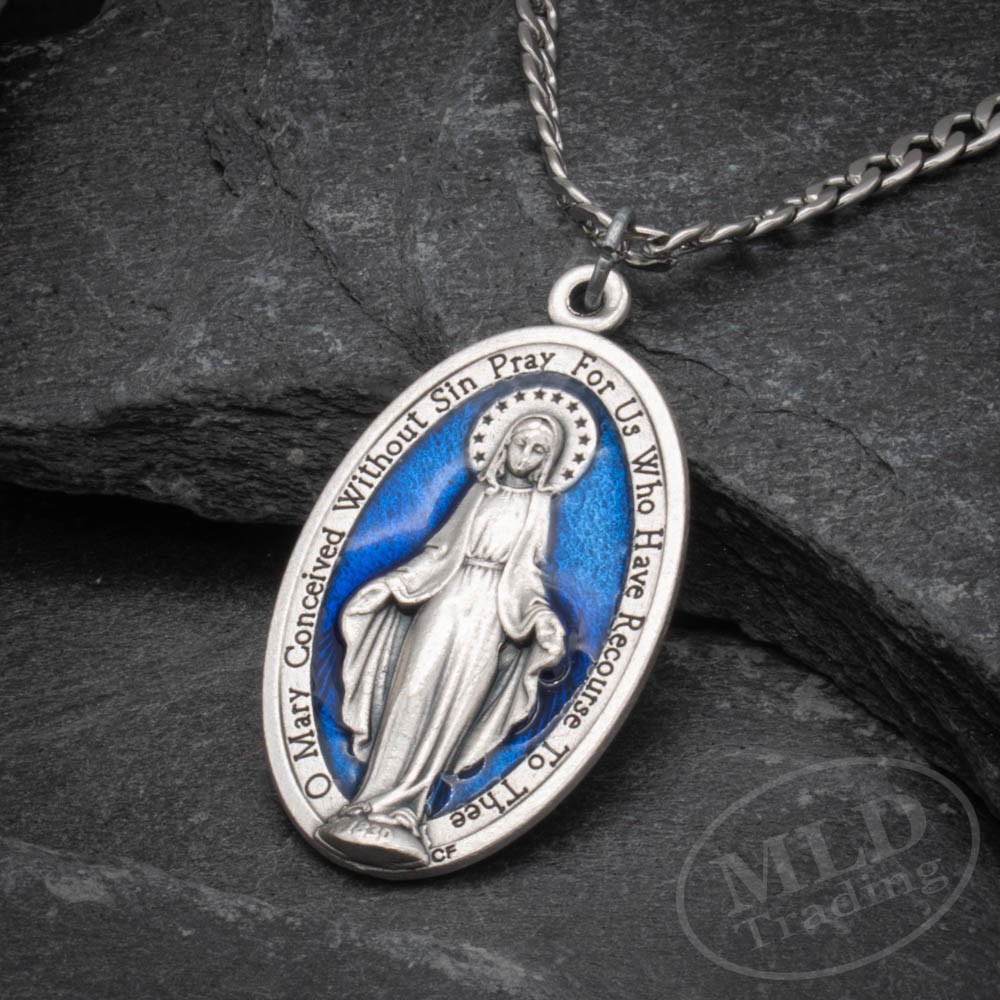Large 1 3/4″ Blue Miraculous Medal Mary Pendant Necklace Italy w 24″ Curb Chain