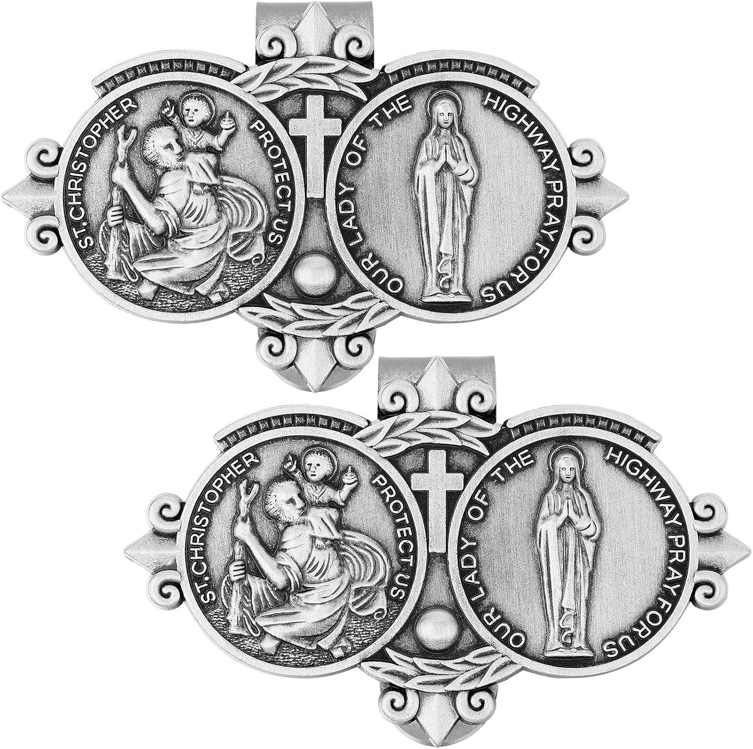 Classic Silver Visor Clips with St Christopher – Ideal for Your Car Interior