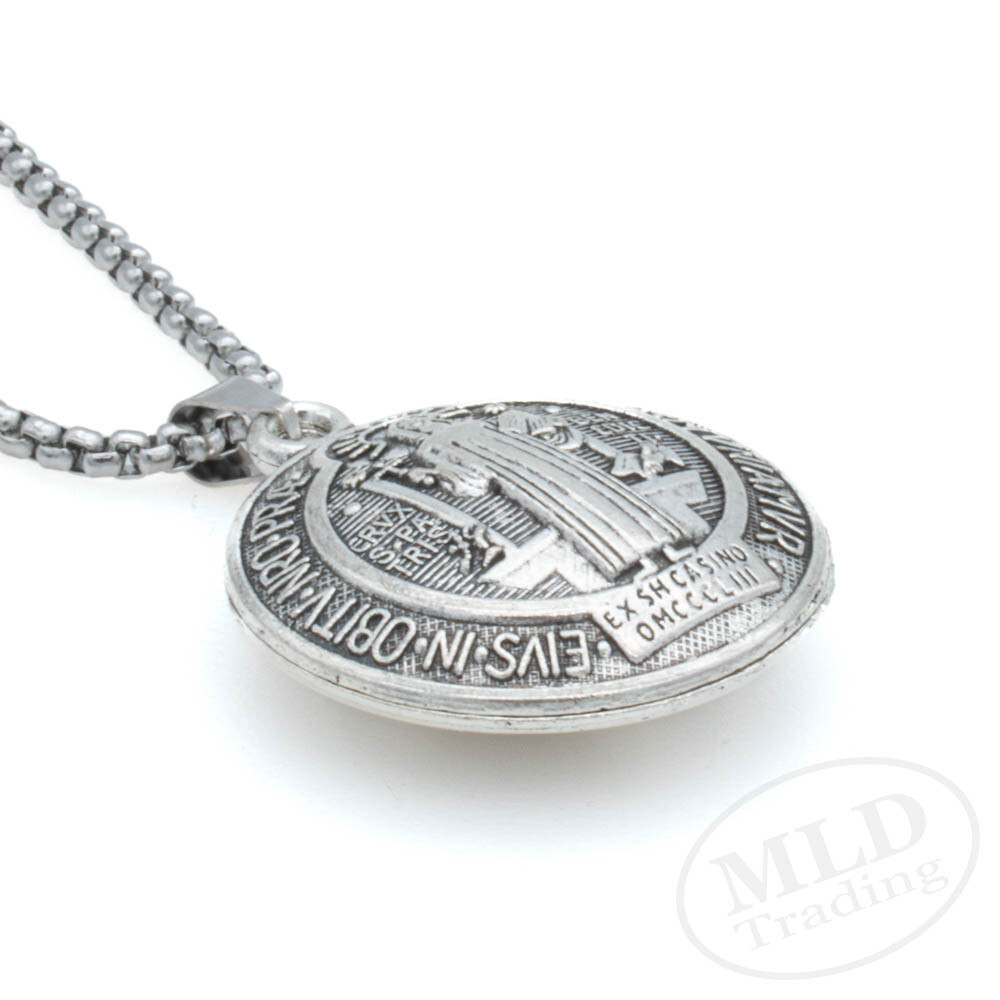 3D Saint St Benedict Medal Thick Pendant Necklace w 24″ Box Chain Silver Tone