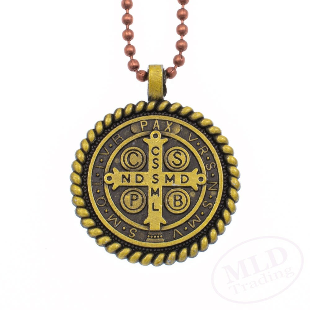 Knot Border Saint St Benedict Medal Pendant Necklace 24″ Ball Chain Gold Tone