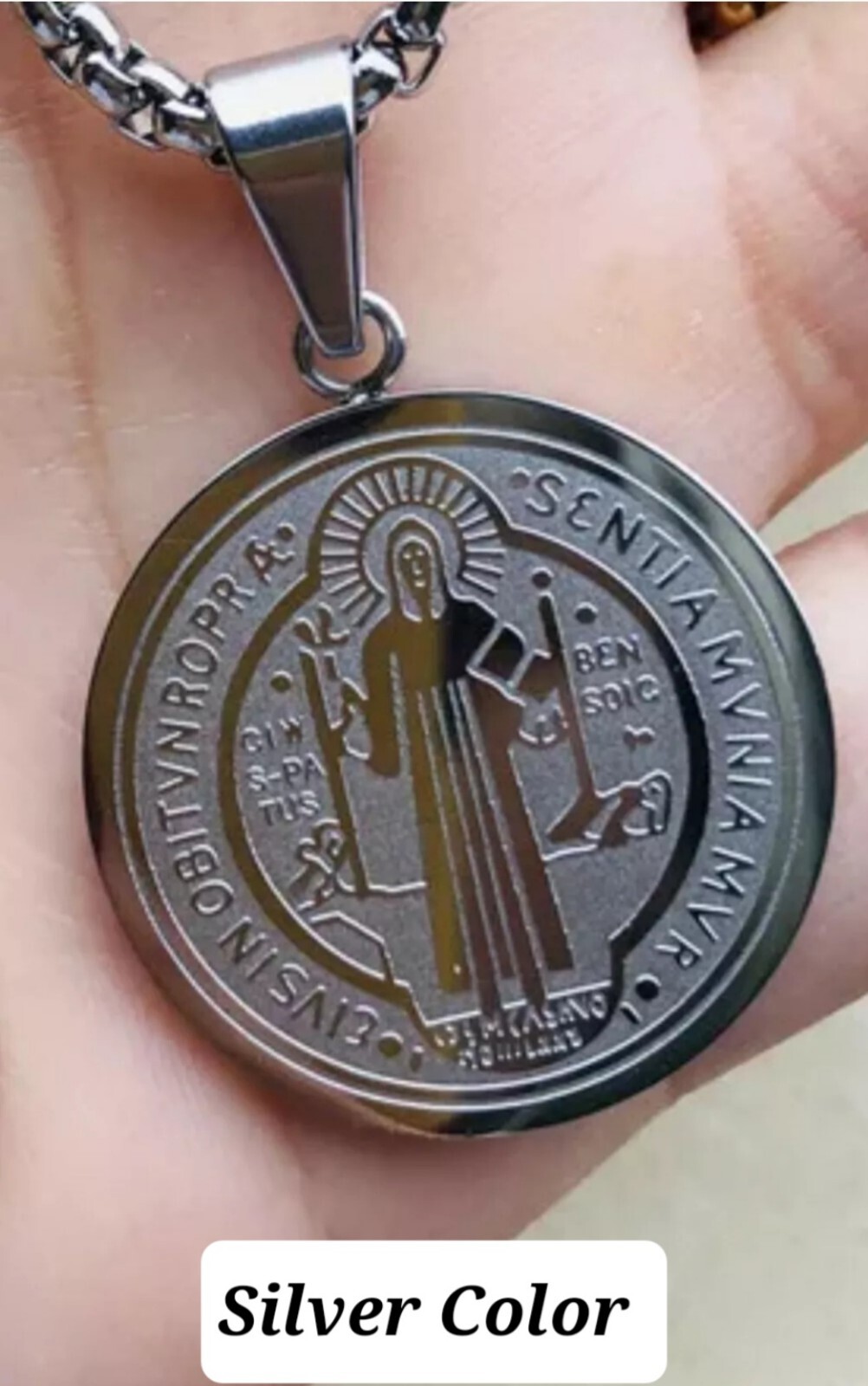 St Benedict (San Benito) Medal Stainless Steel Charm Pendant Necklace 22″ Chain