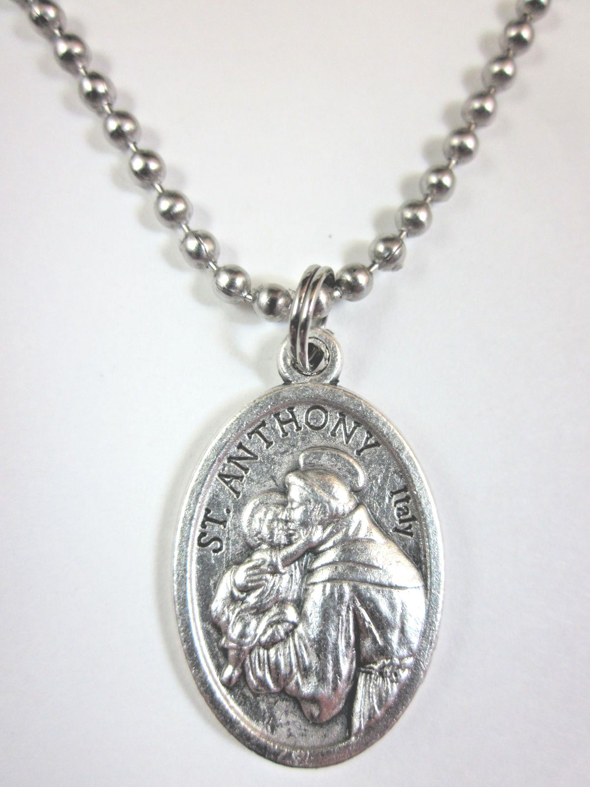 St Anthony / Cross Medal Italy Necklace 24″ Ball Chain Gift Box Prayer Card