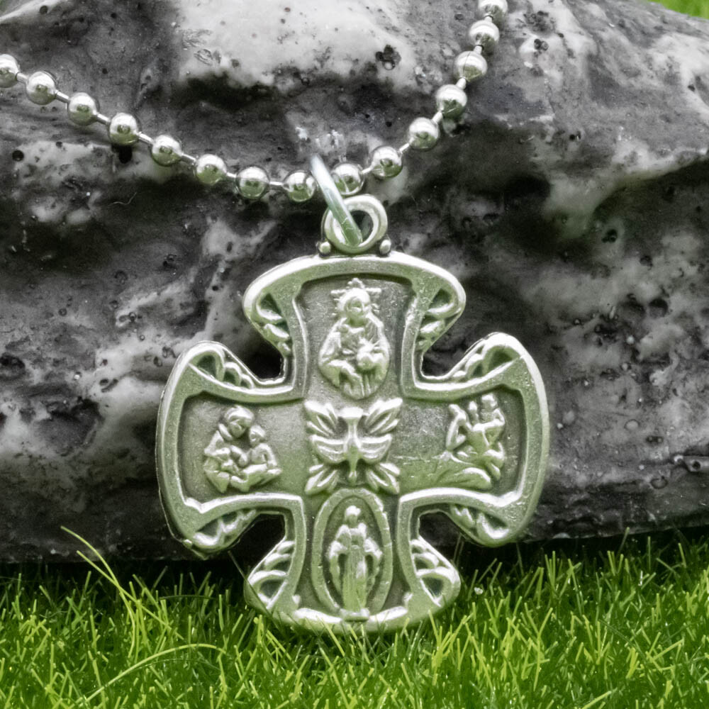 Four Way Catholic Cross Jesus 4-Way Medal Pendant Necklace Pewter Made In Italy
