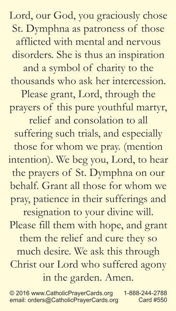 St. Dymphna Patron Saint of Depression & Anxiety, LAMINATED Prayer Card, 5-pack