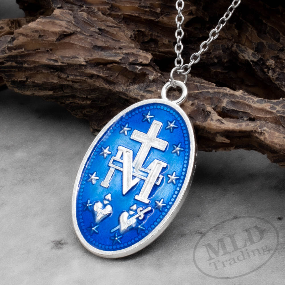 Stainless Steel Virgin Mary 1.6in Blue Miraculous Medal Pendant Necklace Womens