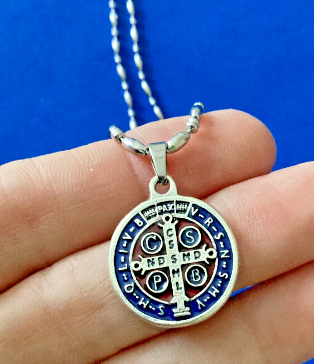 St. Benedict Necklace Saint Medal ENAMEL Red Blue 30” Stainless Steel Chain