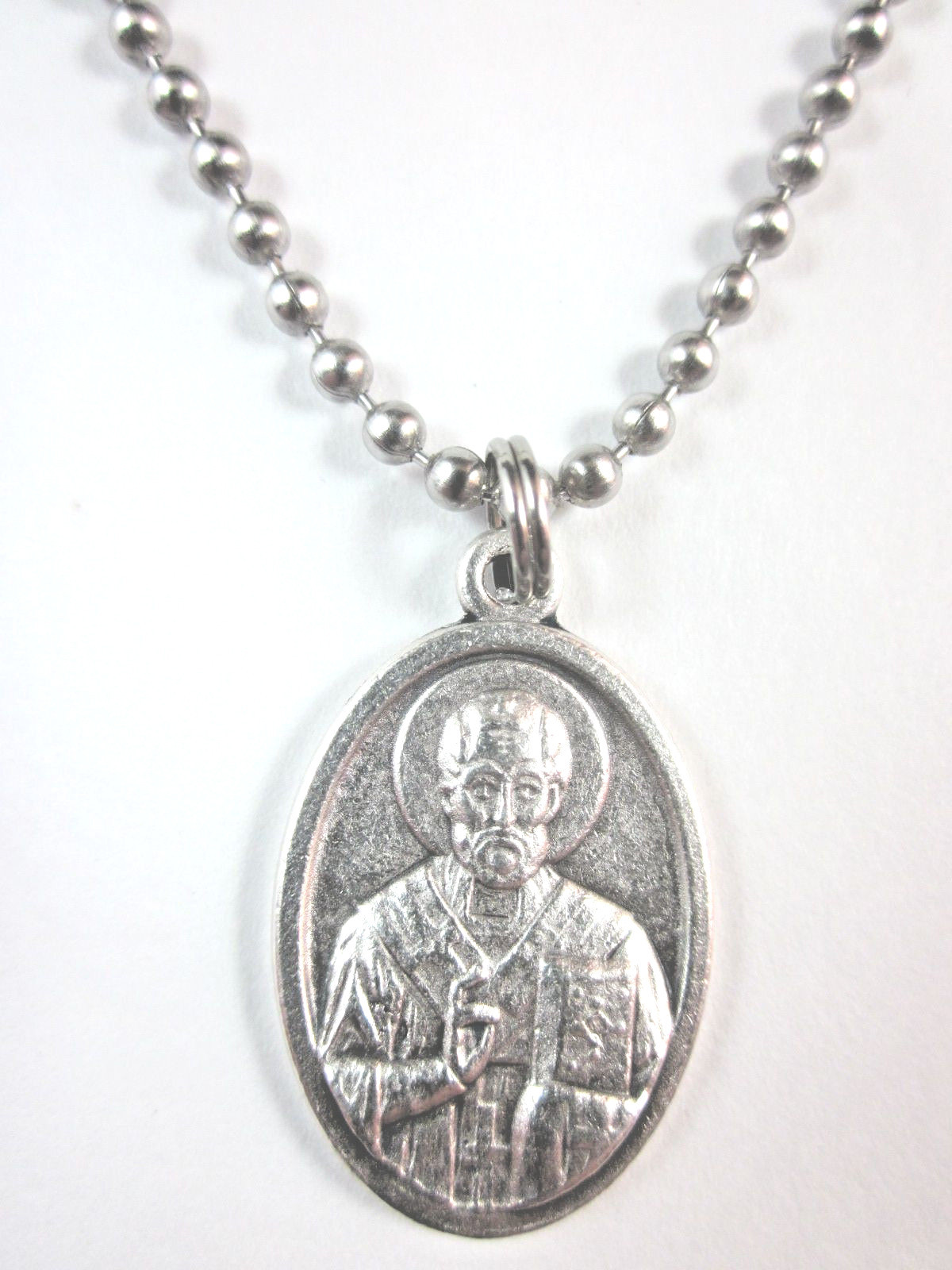 St Nicholas Medal Italy Pendant Necklace 24″ Ball Chain Gift Box & Prayer Card