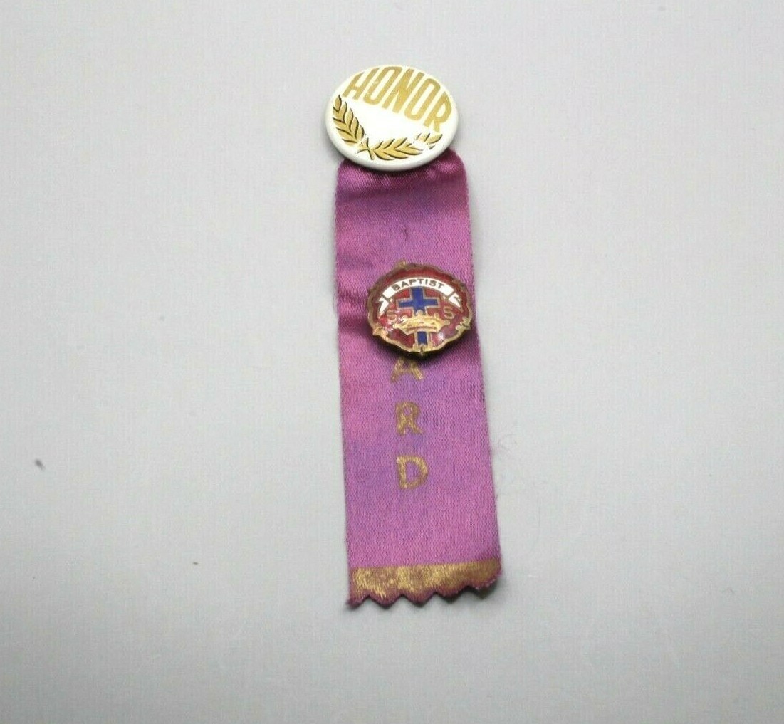 Award Ribbon with an Attached Multi-Colored Enameled Babtist Church Pin