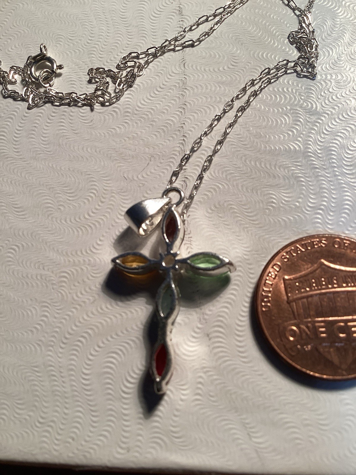 Vintage Sterling Silver Cross & chain Pendant with Assorted Multi Stones925