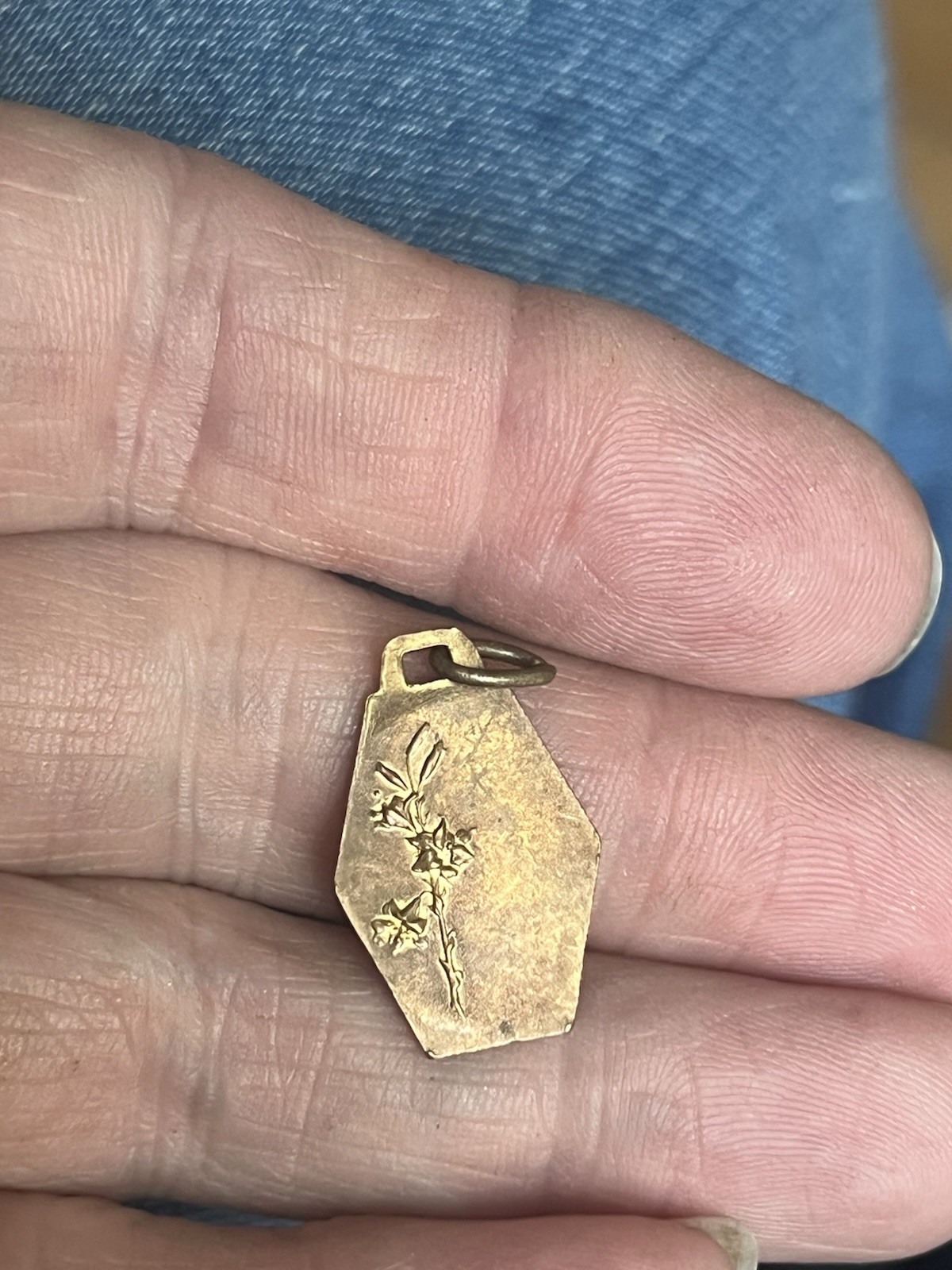 Antique French medal Virgin Mary Brass Gold 1” Pendant Antique Art Deco Charm